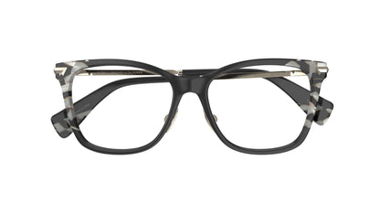 A pair of butterfly square frame eyeglasses with a glossy black front, marbled accents, titanium nosepads shown from the front on a white background.