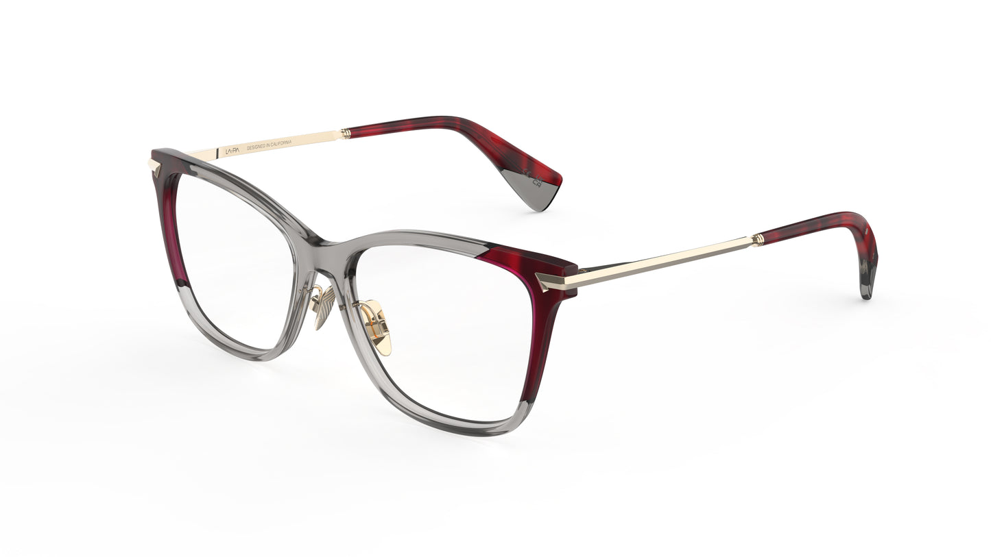 A pair of butterfly eyeglasses with a translucent smoky gray acetate frame, light gold titanium temples and nosepads, and dark striated red acetate tips, integrated spring hinge, shown on a plain white background.