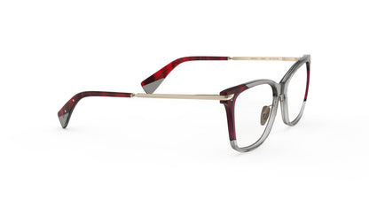A pair of butterfly eyeglasses with a translucent smoky gray acetate frame, light gold titanium temples and nosepads, and dark striated red acetate tips, integrated spring hinge, shown on a plain white background.