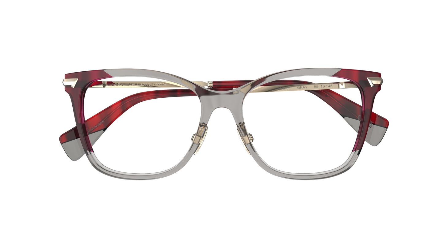 A pair of butterfly square eyeglasses with a translucent gray acetate frame and a red striated pattern on the sides and temple tips, titanium nosepads, shown against a plain white background.