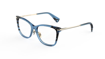 Blue butterfly eyeglasses with a translucent blue acetate frame, marbled detailing on the front, and light gold titanium temples with integrated spring hinge, titanium nosepads shown on a plain white background.