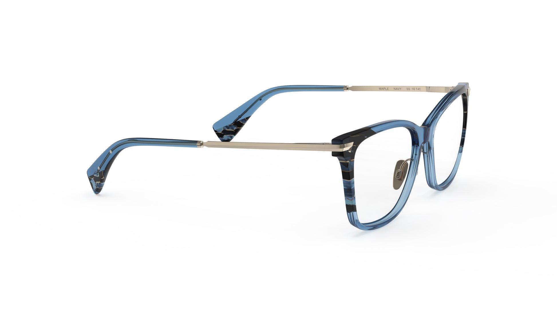 Blue butterfly eyeglasses with a translucent blue acetate frame, marbled detailing on the front, and light gold titanium temples with integrated spring hinge, titanium nosepads shown on a plain white background.