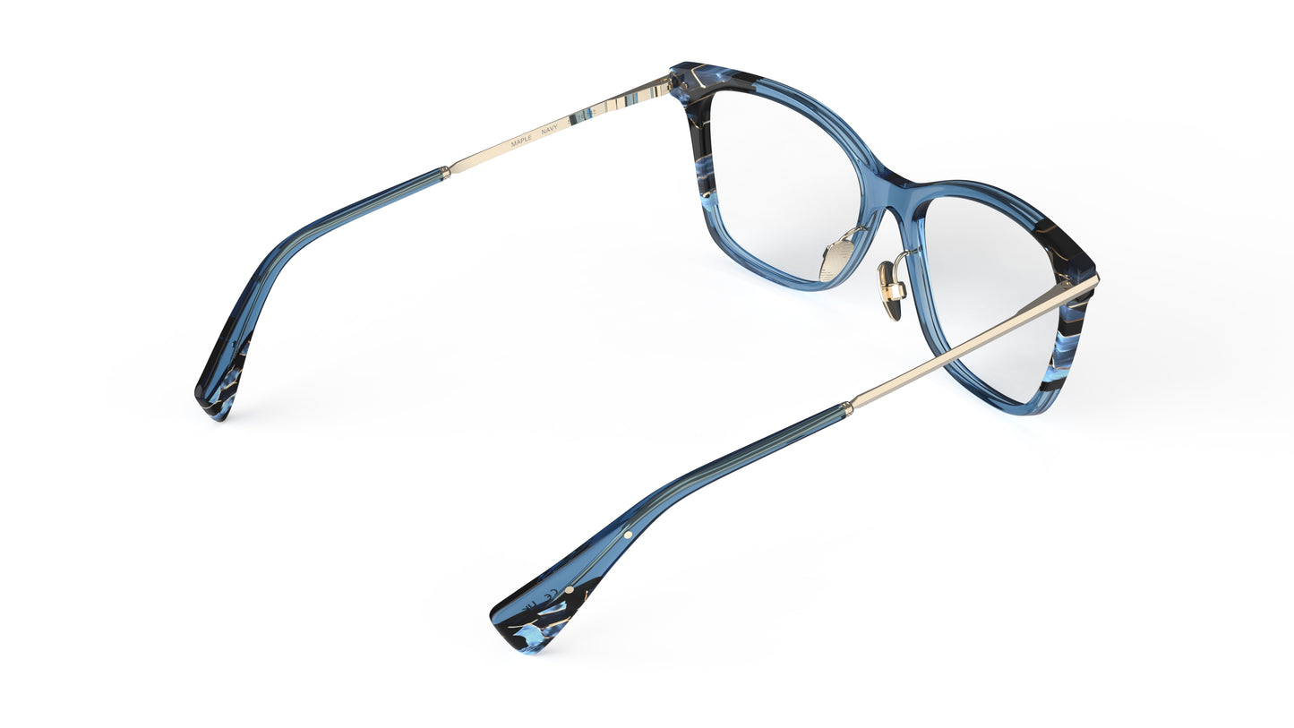 A rear view of a butterfly blue acetate eyeglasses with a marbled pattern and gold titanium temples and nosepads shown on a white background.