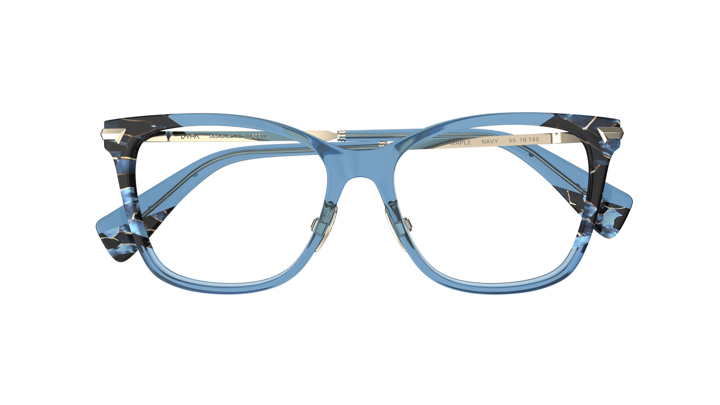 Blue acetate butterfly eyeglass frame with a marbled pattern accents, titanium nosedpads shown from the front on a white background.