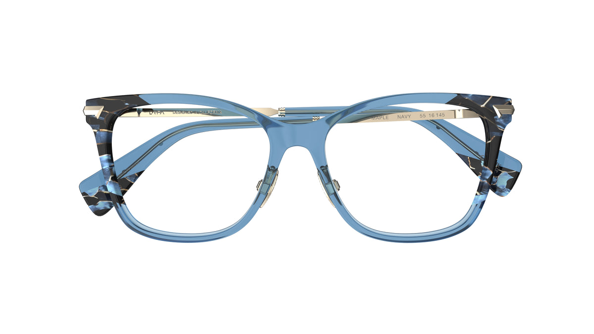 Blue acetate butterfly eyeglass frame with a marbled pattern accents, titanium nosedpads shown from the front on a white background.