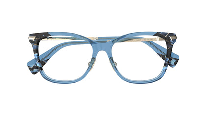 Blue acetate butterfly eyeglass frame with a marbled pattern accents, titanium nosedpads shown from the front on a white background.