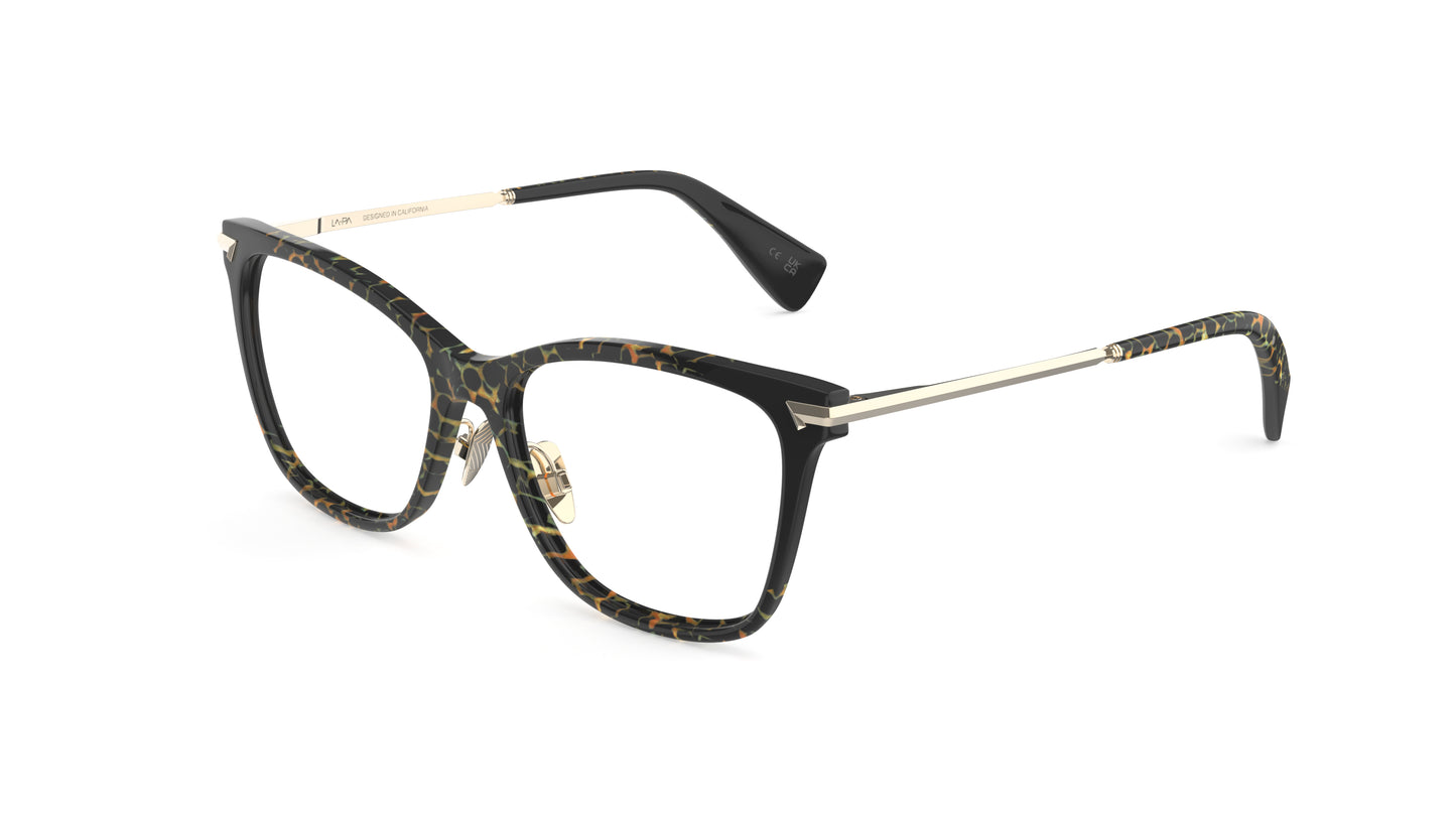 A pair of butterfly eyeglasses featuring a black and animal print pattern on the front, with gold titanium temples and nosepads, integrated spring hinge, shown on a plain white background.