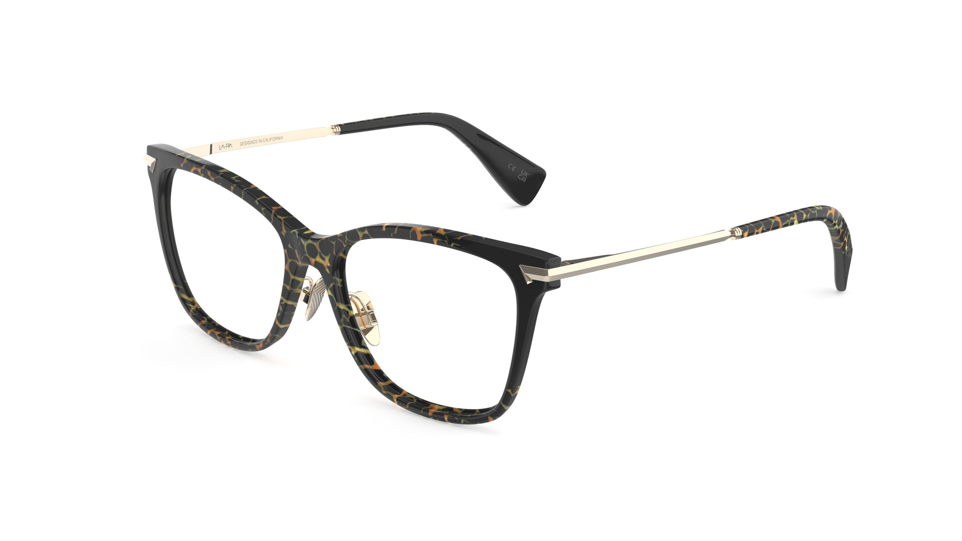 A pair of butterfly eyeglasses featuring a black and animal print pattern on the front, with gold titanium temples and nosepads, integrated spring hinge, shown on a plain white background.