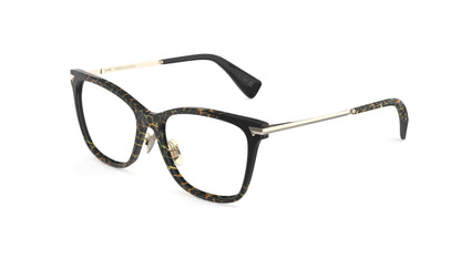 A pair of butterfly eyeglasses featuring a black and animal print pattern on the front, with gold titanium temples and nosepads, integrated spring hinge, shown on a plain white background.