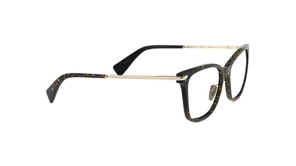 A pair of butterfly eyeglasses featuring a black and animal print pattern on the front, with gold titanium temples and nosepads, integrated spring hinge, shown on a plain white background.