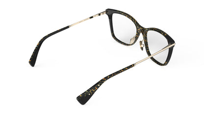 Rear view of butterfly eyeglasses featuring a black and animal print pattern on the front, with gold titanium temples and nosepads, integrated spring hinge, shown on a plain white background.