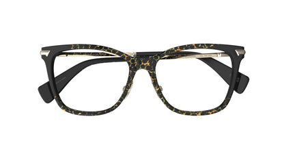 A pair of butterfly-frame eyeglasses with a black and animal print pattern acetate front, gold titanium nosepads, shown against a plain white background.