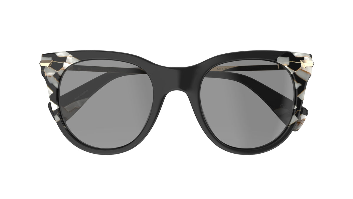 Black cat-eye sunglasses with marbled acetate lamination and polarized gray lenses, shown against a plain white background.