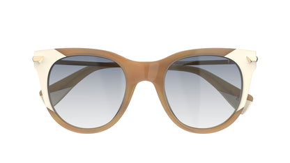 A pair of cat-eye sunglasses with a blond havana acetate frame, cream-colored lamination details, and polarized gradient gray lenses, shown against a plain white background.