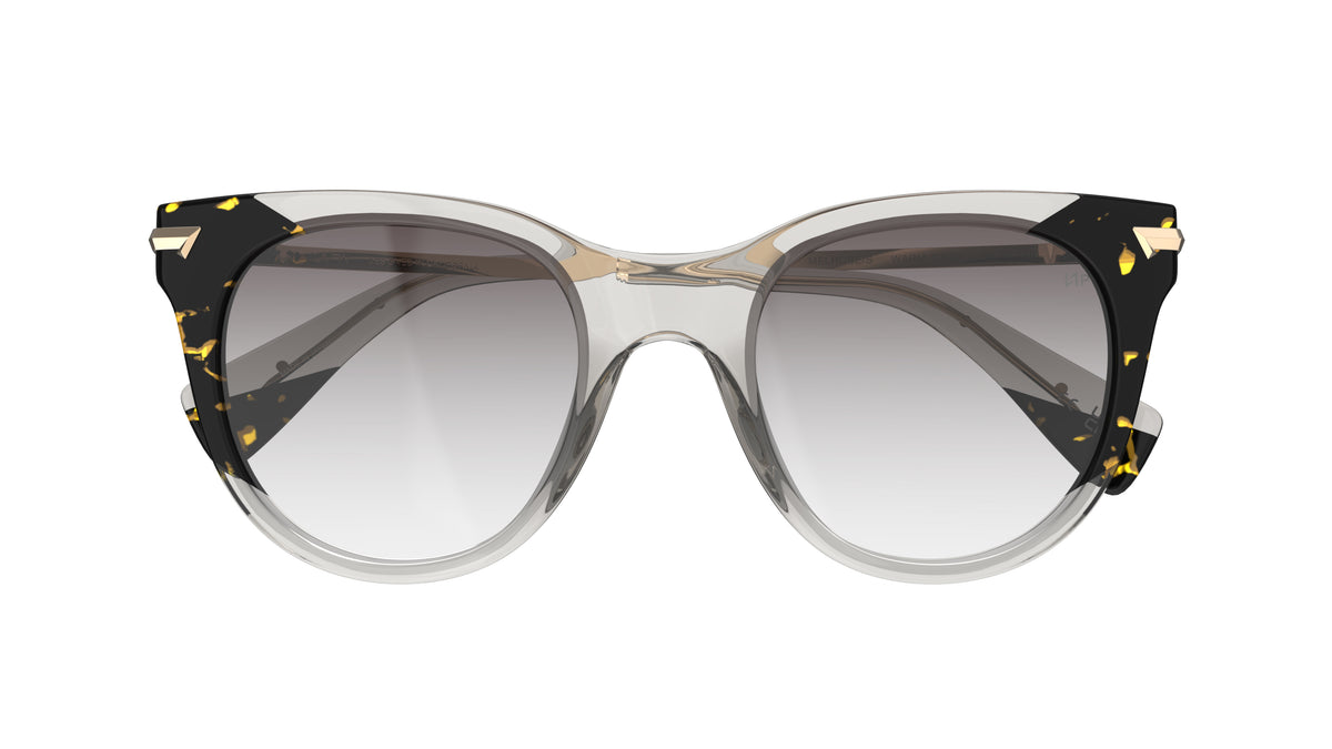 Cat-eye sunglasses with a translucent warm gray and havana laminated frame, polarized gradient khaki lenses, on a white background.