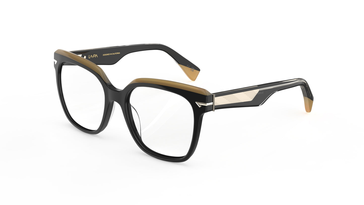 A pair of oversized square eyeglasses featuring a black acetate frame with a contrasting tan accent on the top rims and  metal inner temple cores, shown on a plain white background.