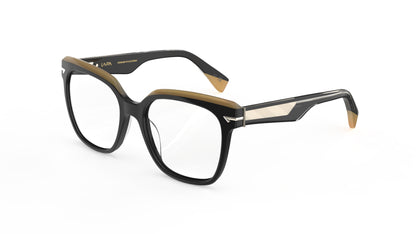 A pair of oversized square eyeglasses featuring a black acetate frame with a contrasting tan accent on the top rims and  metal inner temple cores, shown on a plain white background.