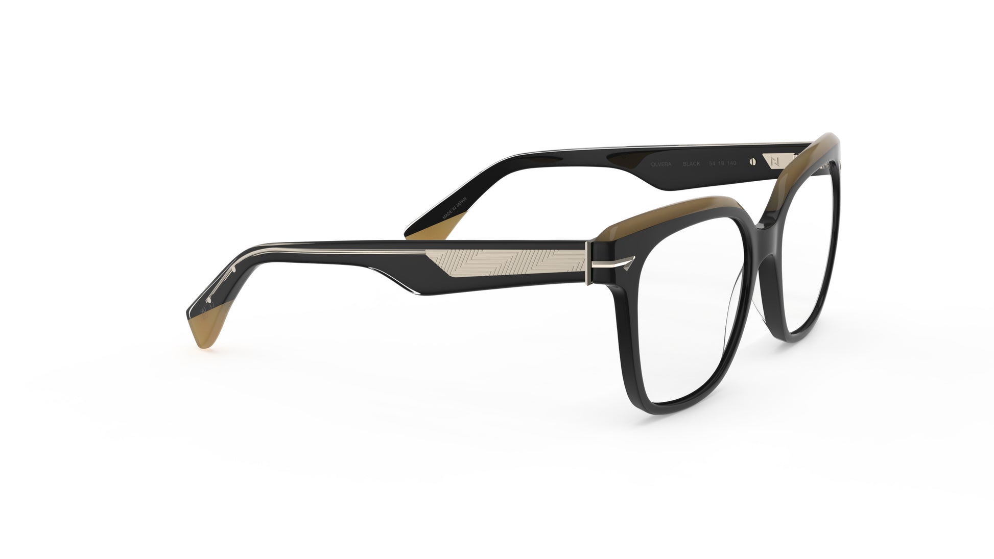 A pair of oversized square eyeglasses featuring a black acetate frame with a contrasting tan accent on the top rims with geometric patterned metal wire cores, shown on a plain white background.