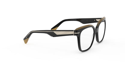 A pair of oversized square eyeglasses featuring a black acetate frame with a contrasting tan accent on the top rims with geometric patterned metal wire cores, shown on a plain white background.