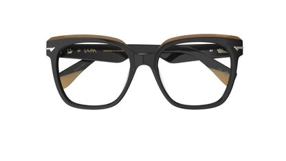 A pair of oversized square eyeglasses featuring a black acetate frame with a contrasting tan accent on the top rims and temple tips.