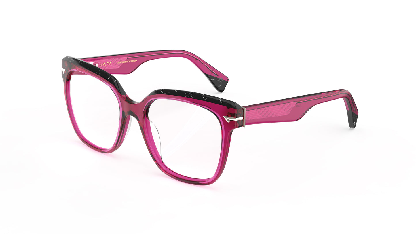 A pair of oversized square eyeglasses featuring a translucent fuchsia acetate with black marbled acetate top rim and temple tips with geometric patterned metal wire cores, shown against a plain white background.
