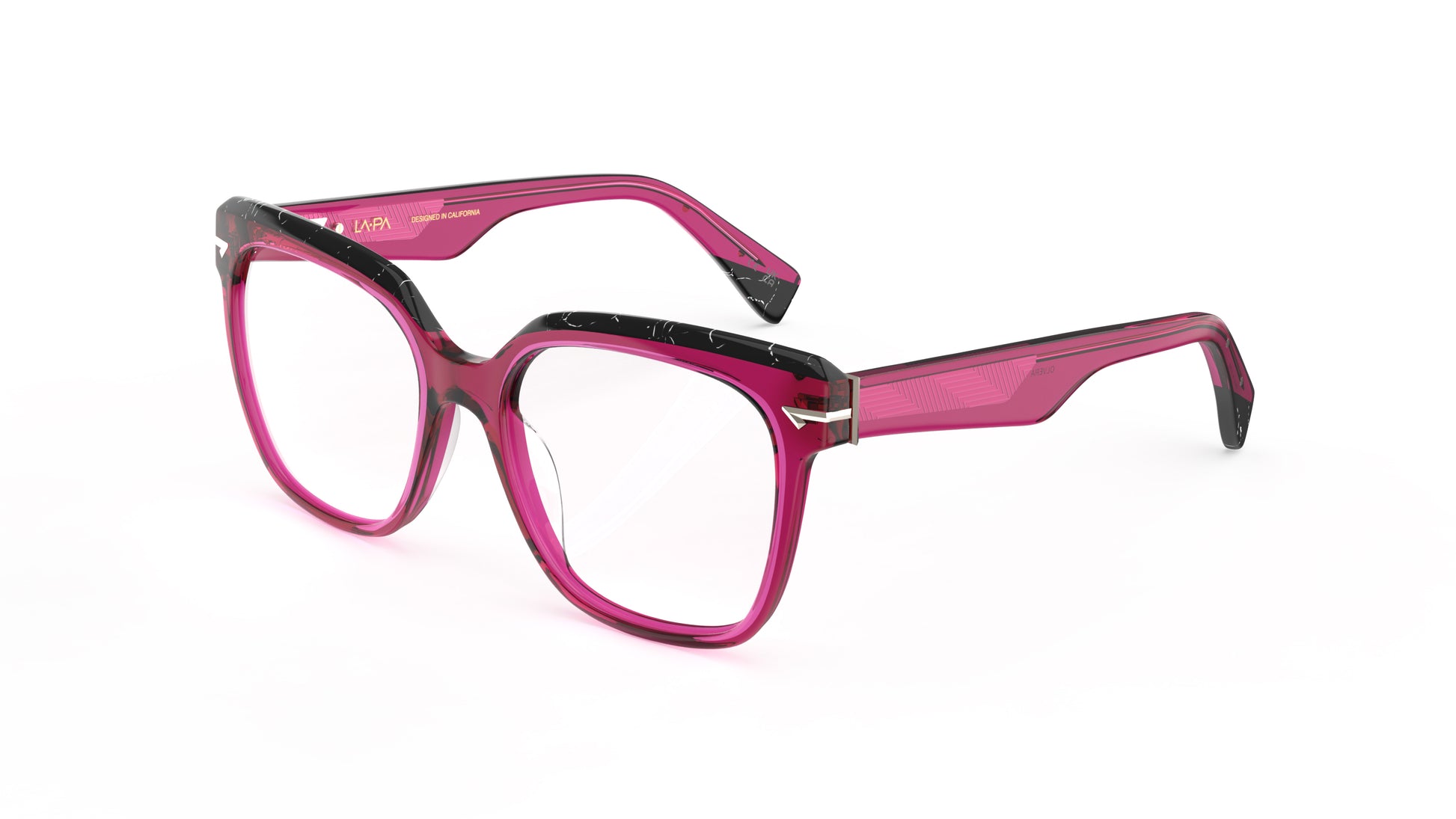 A pair of oversized square eyeglasses featuring a translucent fuchsia acetate with black marbled acetate top rim and temple tips with geometric patterned metal wire cores, shown against a plain white background.