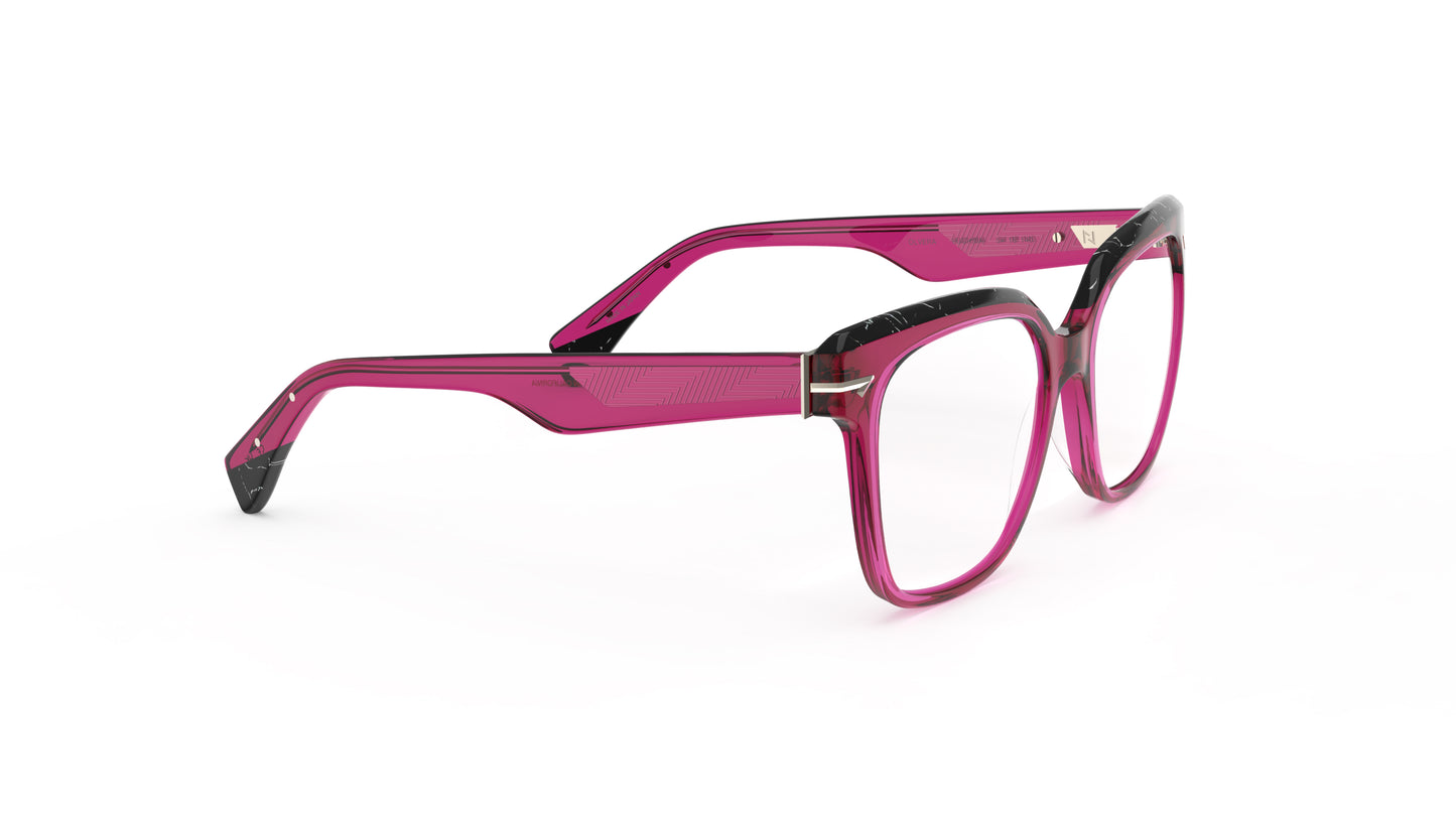 A pair of oversized square eyeglasses featuring a translucent fuchsia acetate with black marbled acetate top rim and temple tips with geometric patterned metal wire cores, shown against a plain white background.