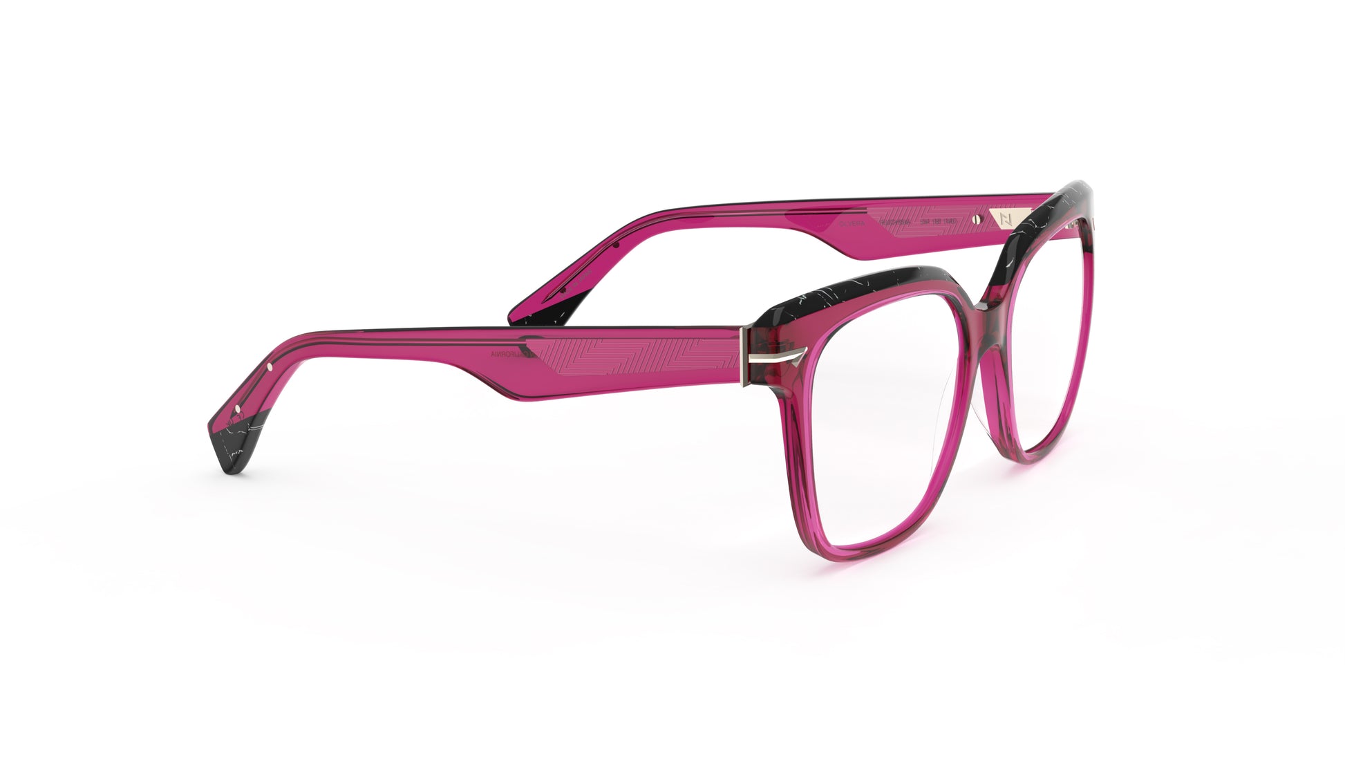 A pair of oversized square eyeglasses featuring a translucent fuchsia acetate with black marbled acetate top rim and temple tips with geometric patterned metal wire cores, shown against a plain white background.