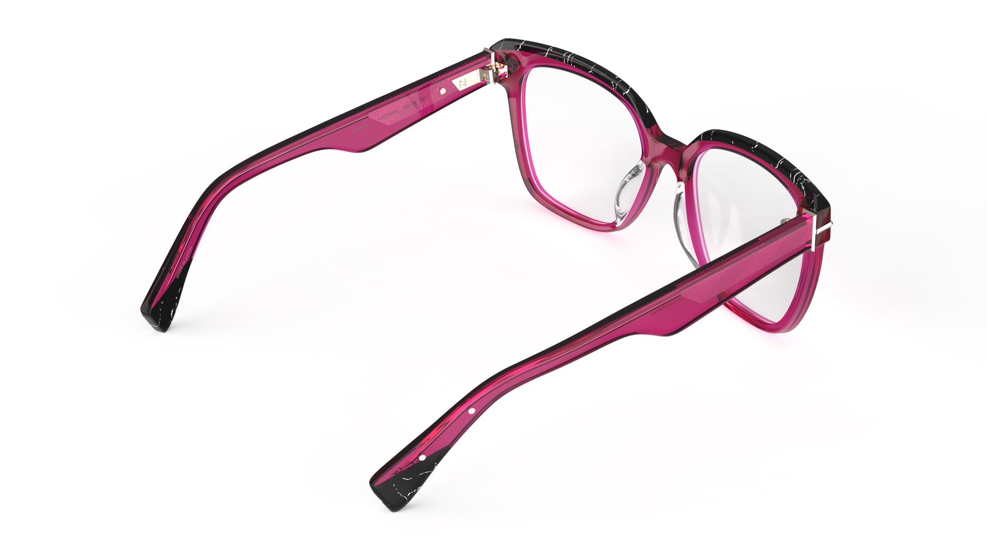 A rear view of a pair of oversized square eyeglasses featuring a translucent fuchsia acetate with black marbled acetate top rim and temple tips with metal inner temple cores, shown against a plain white background.
