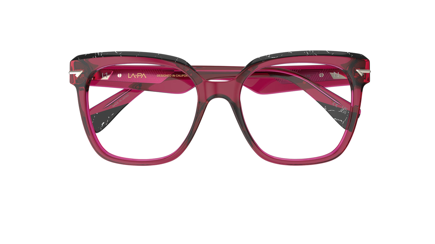 A pair of oversized square eyeglasses featuring a translucent fuchsia and black marbled acetate top brow, shown against a plain white background.