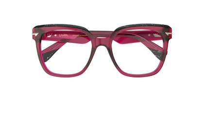 A pair of oversized square eyeglasses featuring a translucent fuchsia and black marbled acetate top brow, shown against a plain white background.