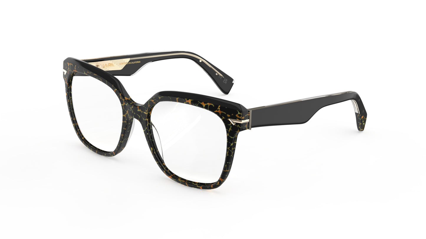 A pair of oversized square acetate eyeglasses featuring a black, brown, and gold tortoiseshell pattern on the front with solid black temples, shown on a plain white background.
