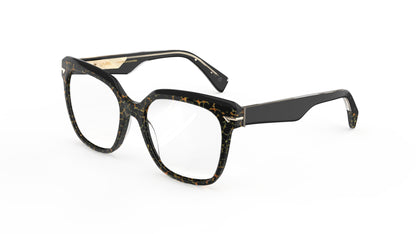 A pair of oversized square acetate eyeglasses featuring a black, brown, and gold tortoiseshell pattern on the front with solid black temples, shown on a plain white background.