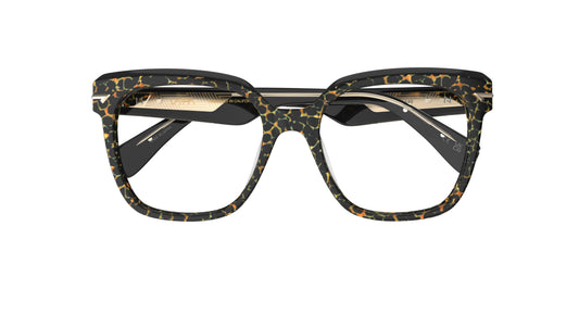 A pair of oversized square acetate eyeglasses with a black, brown, and gold tortoiseshell pattern, shown against a plain white background.