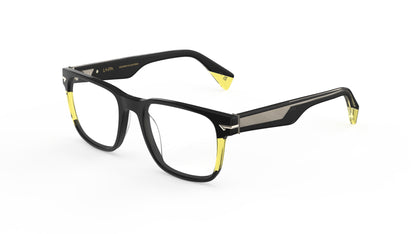 Black acetate square eyeglasses with sculpted rivets on the end pieces, geometric pattern metal wire core, shown on a clean white background.