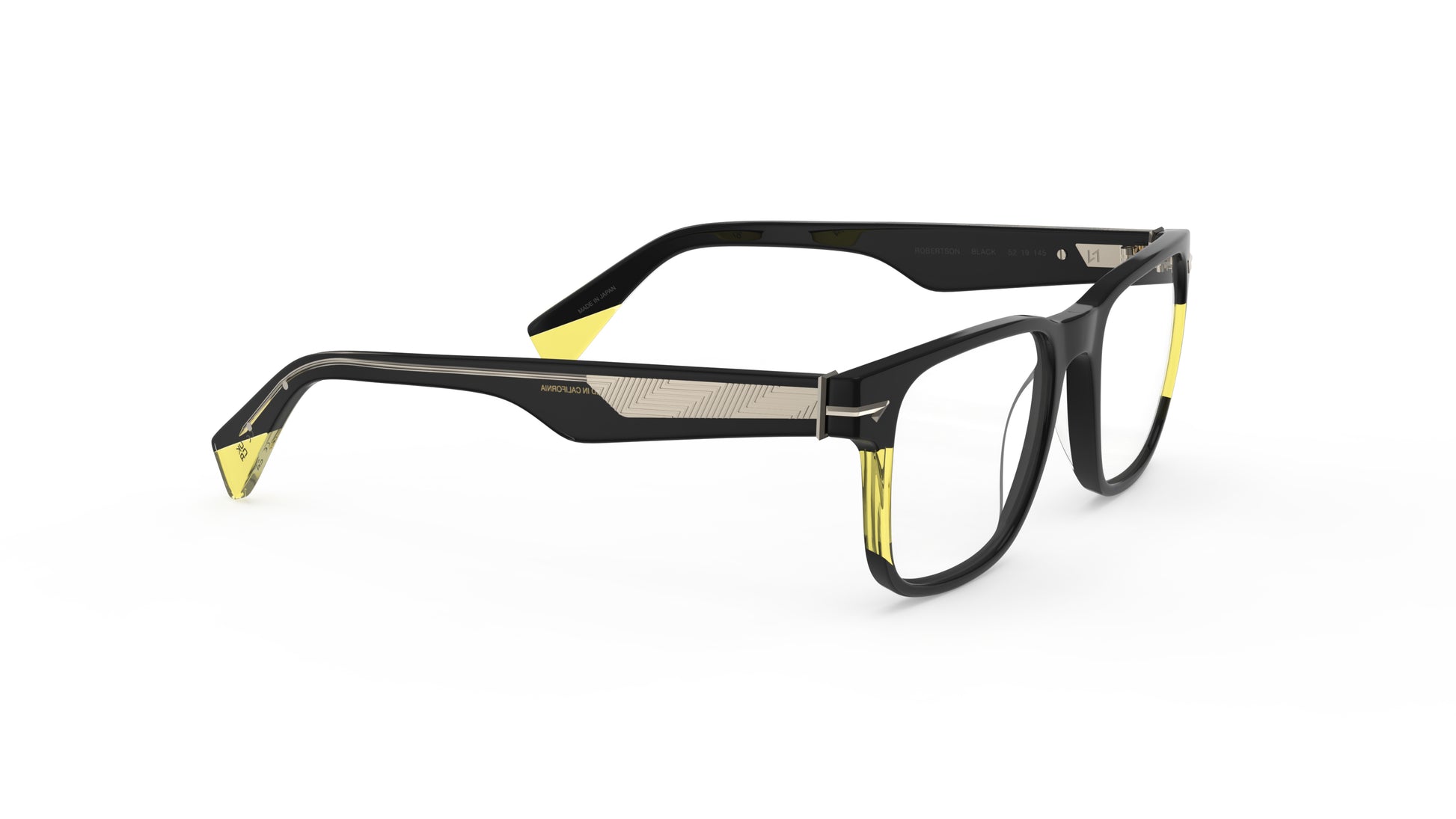 Black acetate square eyeglasses with sculpted rivets on the end pieces, geometric pattern metal wire core, shown on a clean white background.