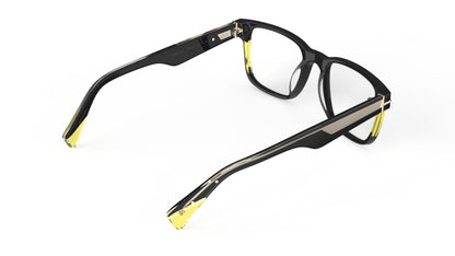 A rear view of a black acetate eyeglasses with yellow acetate accents on the front and temple tips, displayed on a clean white background.