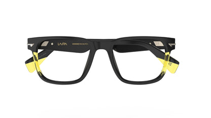 Classic black square eyeglasses with yellow accents and temple tips and sculpted rivets, shown against a plain white background.