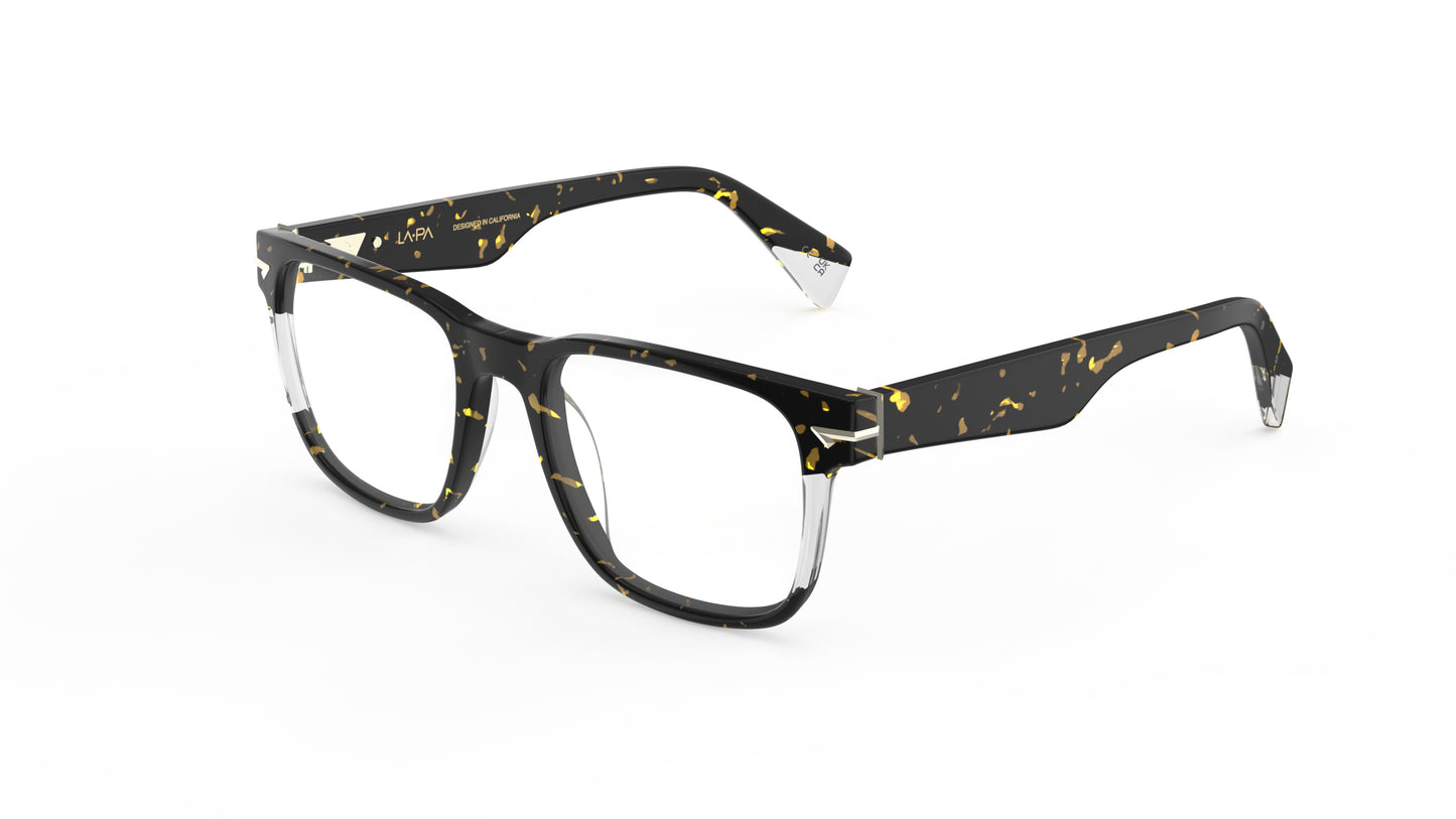 Havana acetate eyeglass frames with clear acetate accents with sculpted rivets, shown from a three-quarters angle on a white background.
