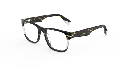 Havana acetate eyeglass frames with clear acetate accents with sculpted rivets, shown from a three-quarters angle on a white background.
