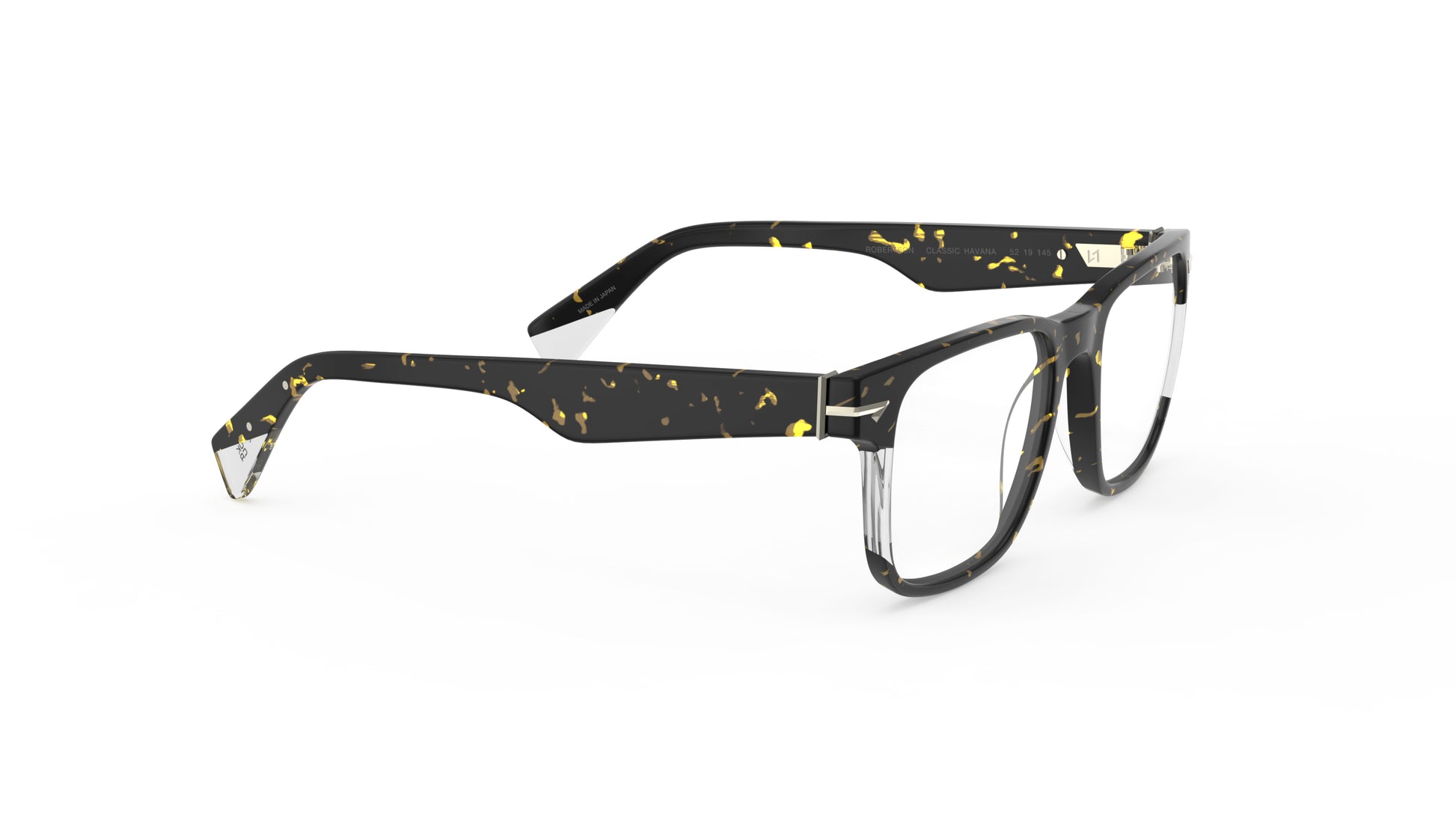 Havana acetate eyeglass frames with clear acetate accents with sculpted rivets, shown from a three-quarters angle on a white background.