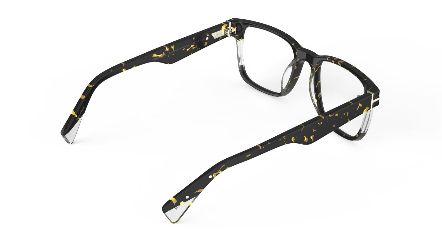 Havana acetate eyeglass frames with clear accents and temple tips, shown from a rear three-quarters angle on a white background.