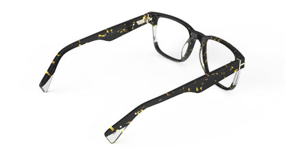 Havana acetate eyeglass frames with clear accents and temple tips, shown from a rear three-quarters angle on a white background.
