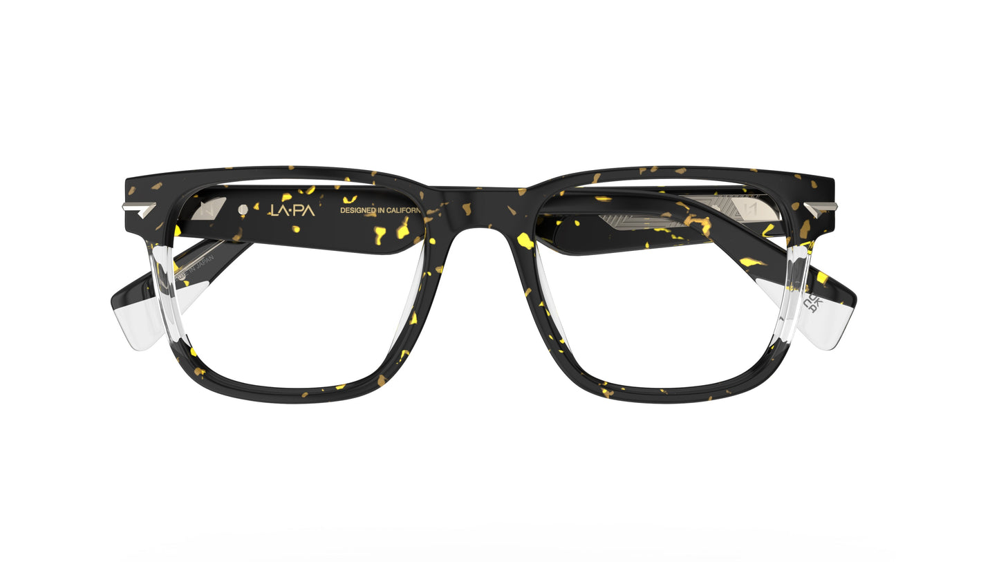 A pair of square-frame eyeglasses with a havana acetate frame, featuring clear accents and clear temple tips. Sculpted rivets on the end pieces.