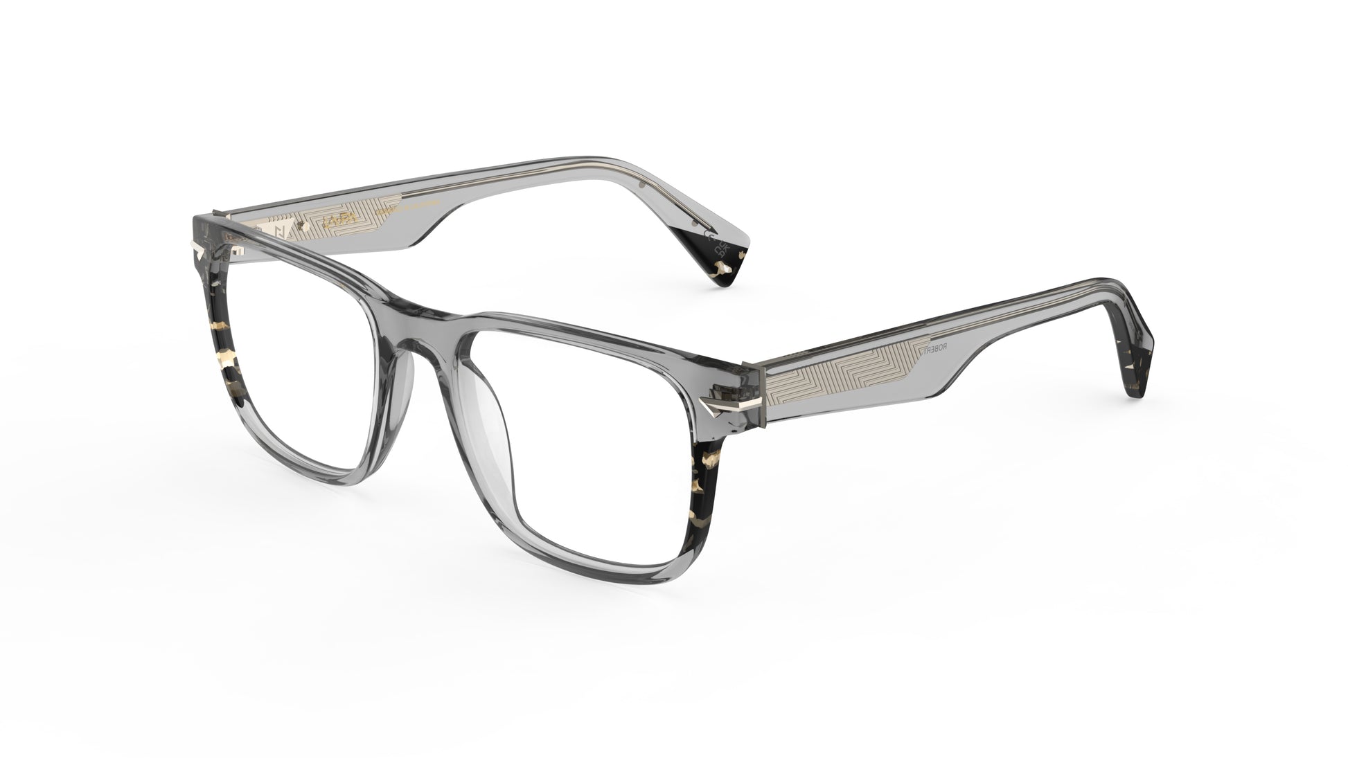 A pair of square-frame eyeglasses with a translucent gray acetate frame and tortoiseshell-patterned accents, geometric pattern metal wire cores, shown on a plain white background.