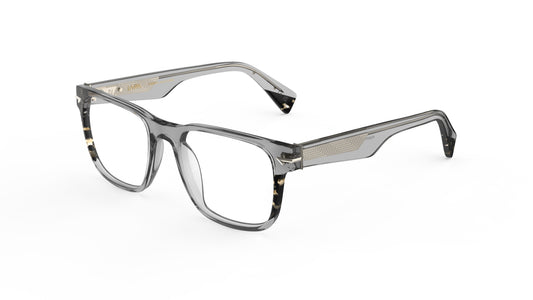 A pair of square-frame eyeglasses with a translucent gray acetate frame and tortoiseshell-patterned accents, geometric pattern metal wire cores, shown on a plain white background.