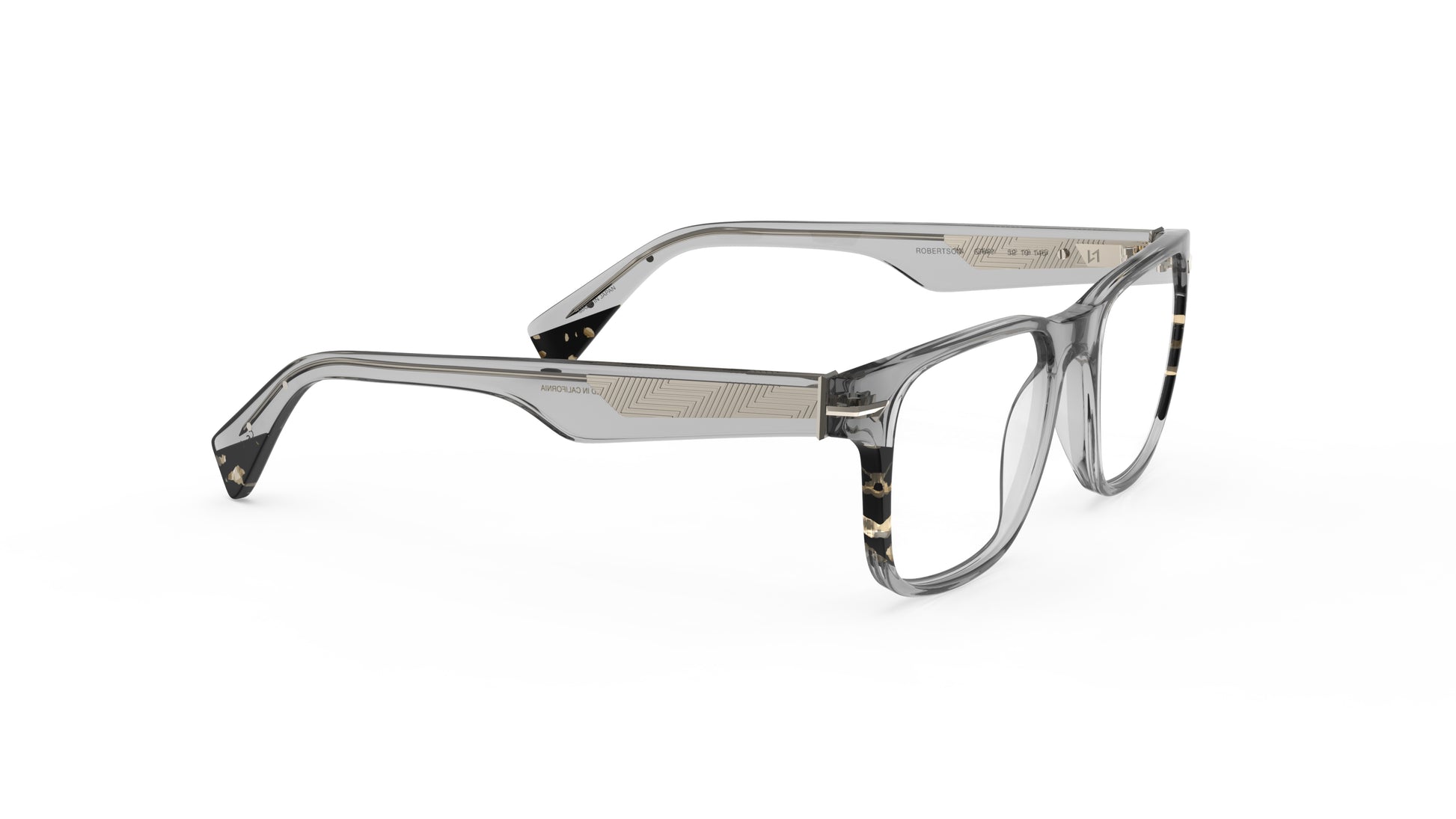 A pair of square-frame eyeglasses with a translucent gray acetate frame and tortoiseshell-patterned accents, geometric pattern metal wire cores, shown on a plain white background.