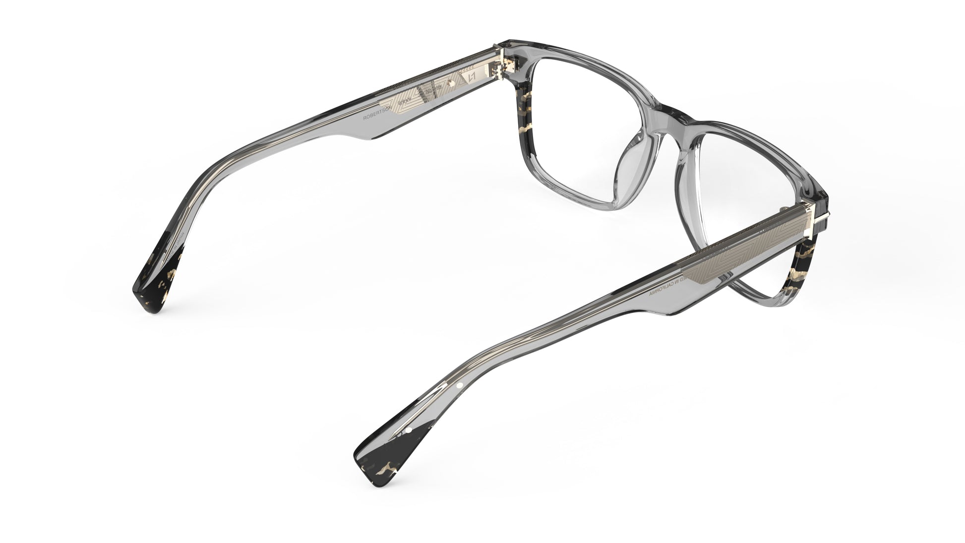 Gray acetate eyeglasses with clear demo lenses, shown from a rear three-quarters angle on a white background.