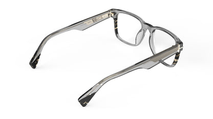Gray acetate eyeglasses with clear demo lenses, shown from a rear three-quarters angle on a white background.