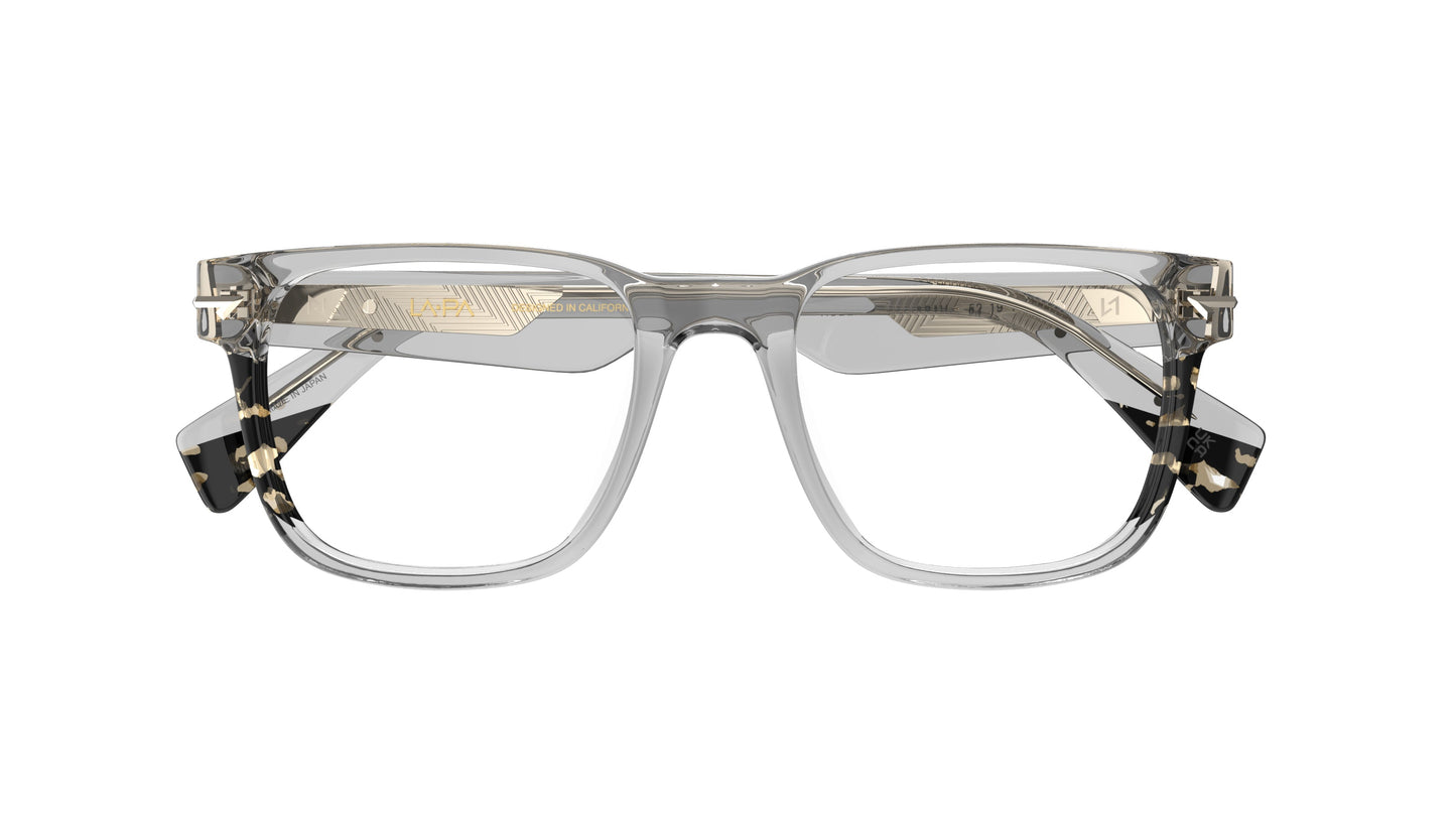 Front view of a gray classic square acetate eyeglass frames with havana pattern on the sides and temple tips, sculpted rivet details shown from the front against a white background.